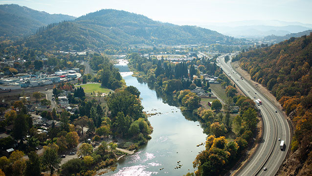 An aerial view of Roseburg. Find out how to contact the Roseburg, Oregon, office of Harder, Wells, Baron and Manning.